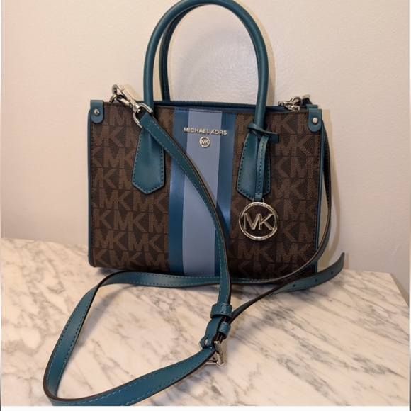Michael Kors Handbags - Michael Kors Brown Satchel with Teal and Light Blue Trim